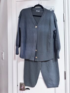 Cozy Knit Cardigan & Pants Set - Slate Gray